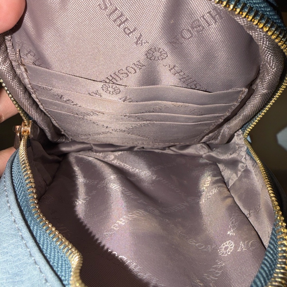 Women's faux Leather Sling Bag in Dusty Blue with Patterned Strap. - Picture 4 of 7